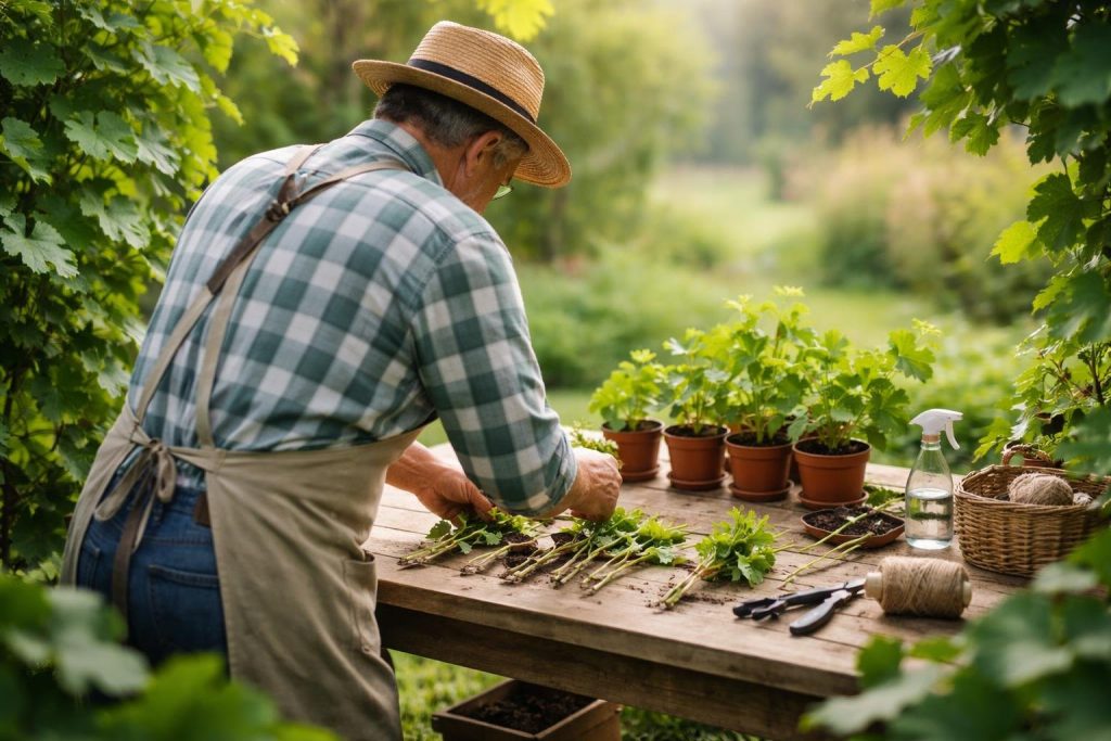 jardinier-table-boutures-vigne-feuilles-vives