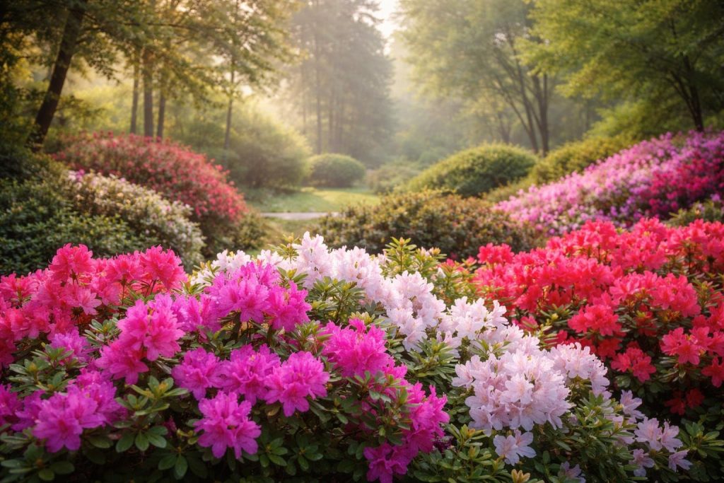 jardin-luxuriant-azalees-fleurs-rosee