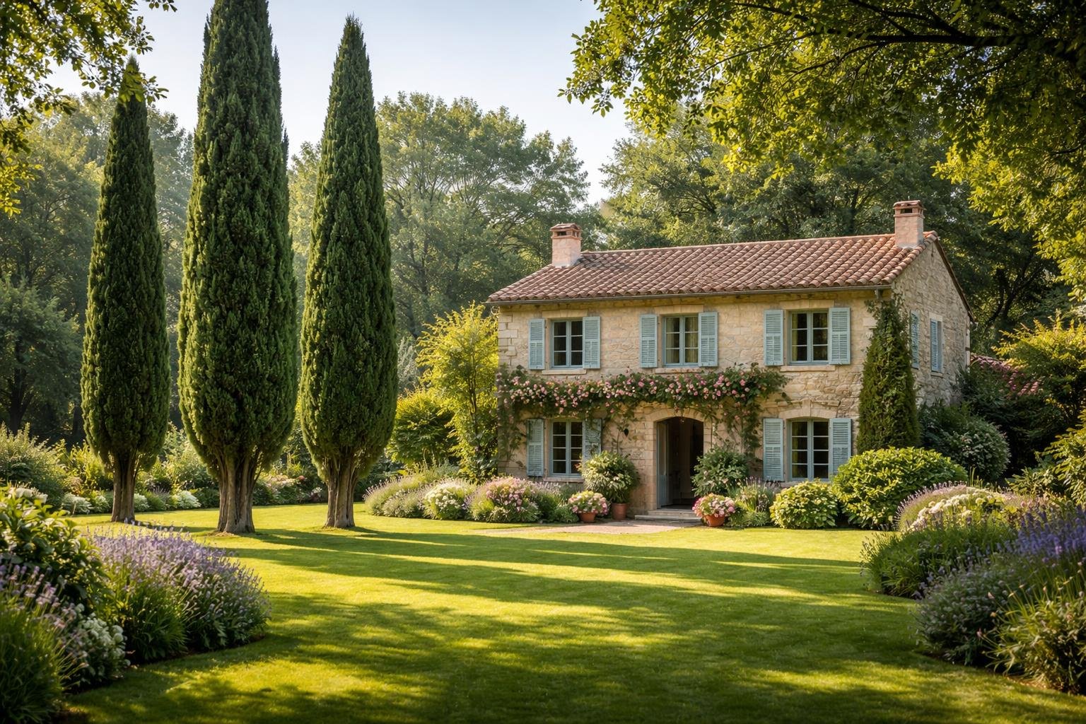 maison-charmante-jardin-cypres-soleil