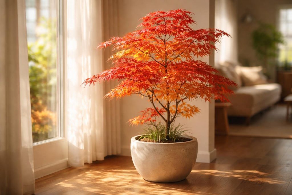 erable-japon-pot-feuilles-rouge-orange