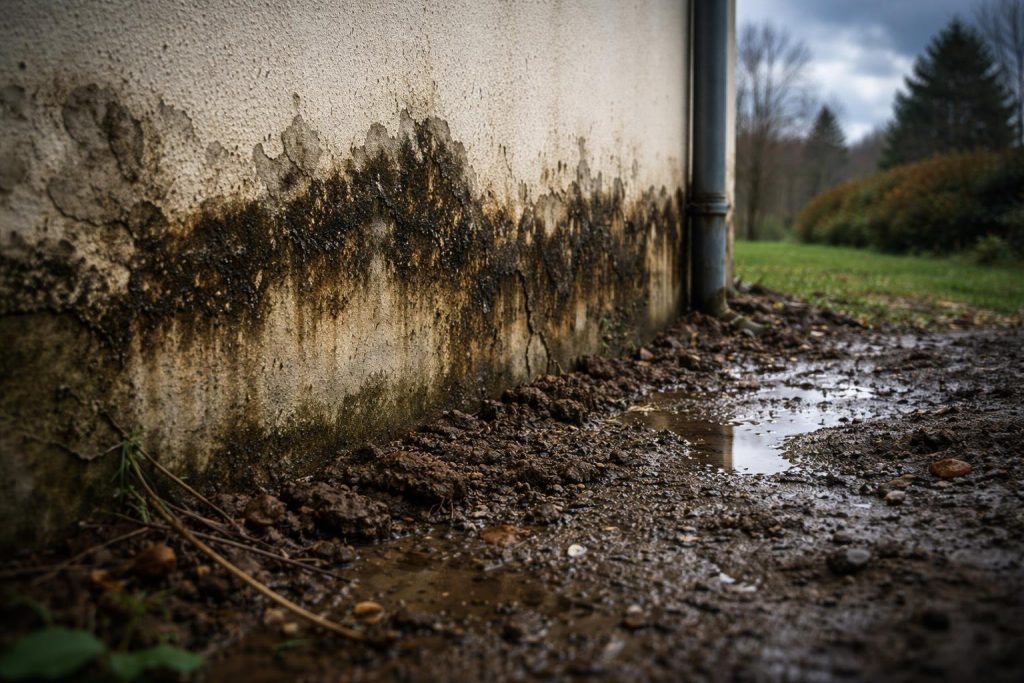 mur-humide-terre-trempee-jardin-flou