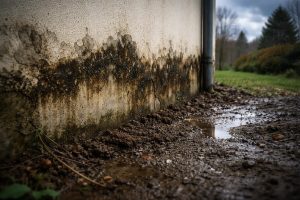 mur-humide-terre-trempee-jardin-flou