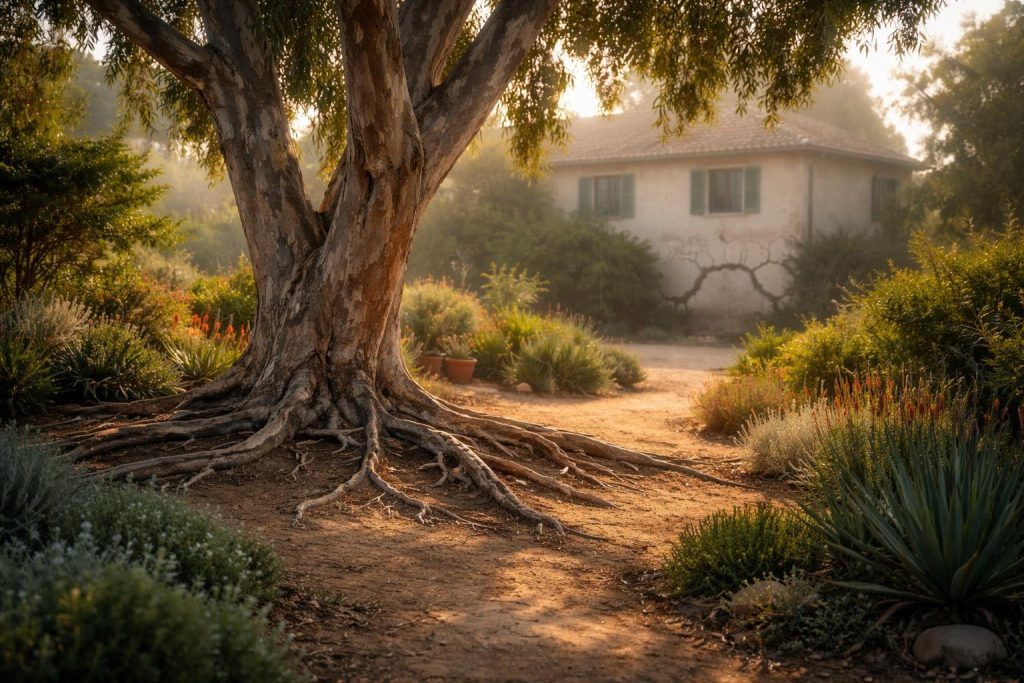 jardin-mediterraneen-eucalyptus-maison-fissuree